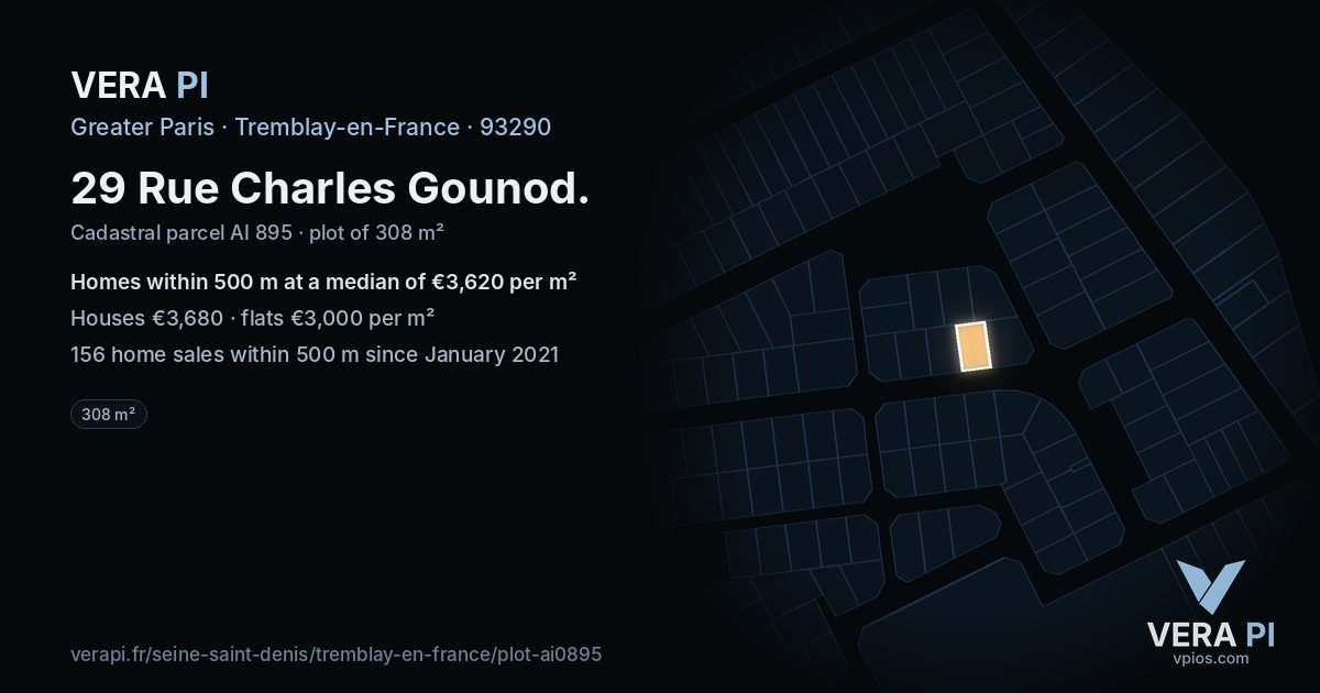 29 Rue Charles Gounod, Tremblay-en-France at night – the plot lit, the parcels around coloured by the prices near them