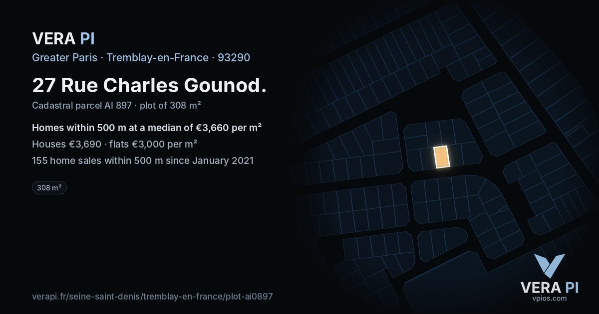 27 Rue Charles Gounod, Tremblay-en-France at night – the plot lit, the parcels around coloured by the prices near them