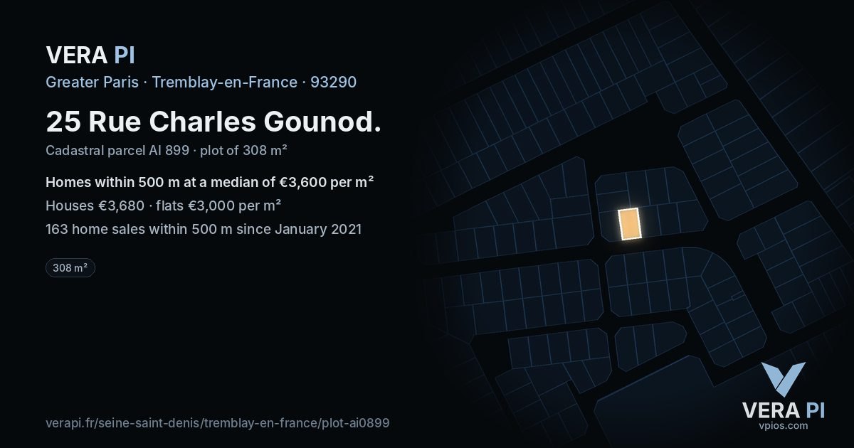 25 Rue Charles Gounod, Tremblay-en-France at night – the plot lit, the parcels around coloured by the prices near them