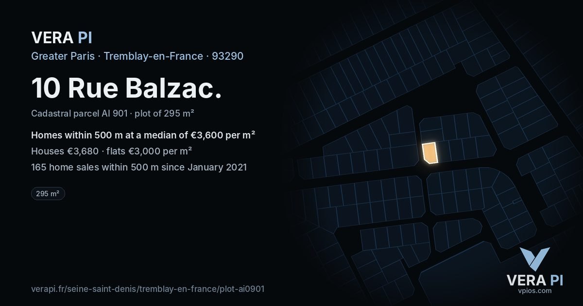 10 Rue Balzac, Tremblay-en-France at night – the plot lit, the parcels around coloured by the prices near them