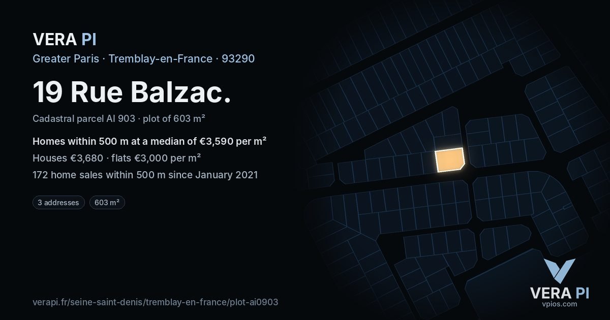 19 Rue Balzac, Tremblay-en-France at night – the plot lit, the parcels around coloured by the prices near them