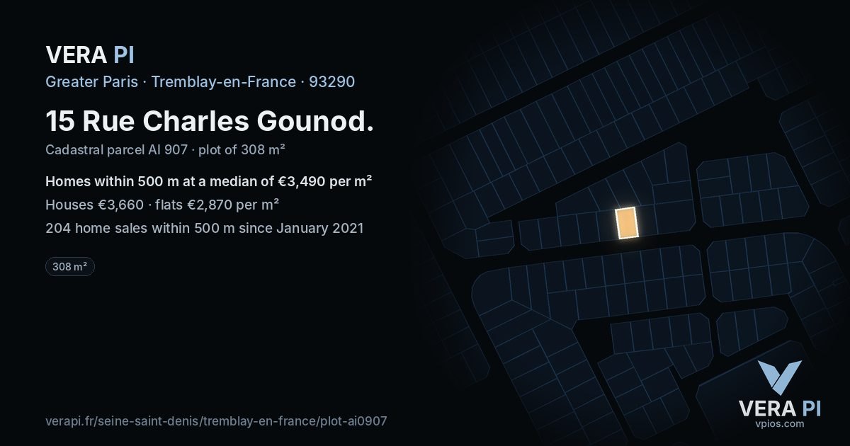 15 Rue Charles Gounod, Tremblay-en-France at night – the plot lit, the parcels around coloured by the prices near them