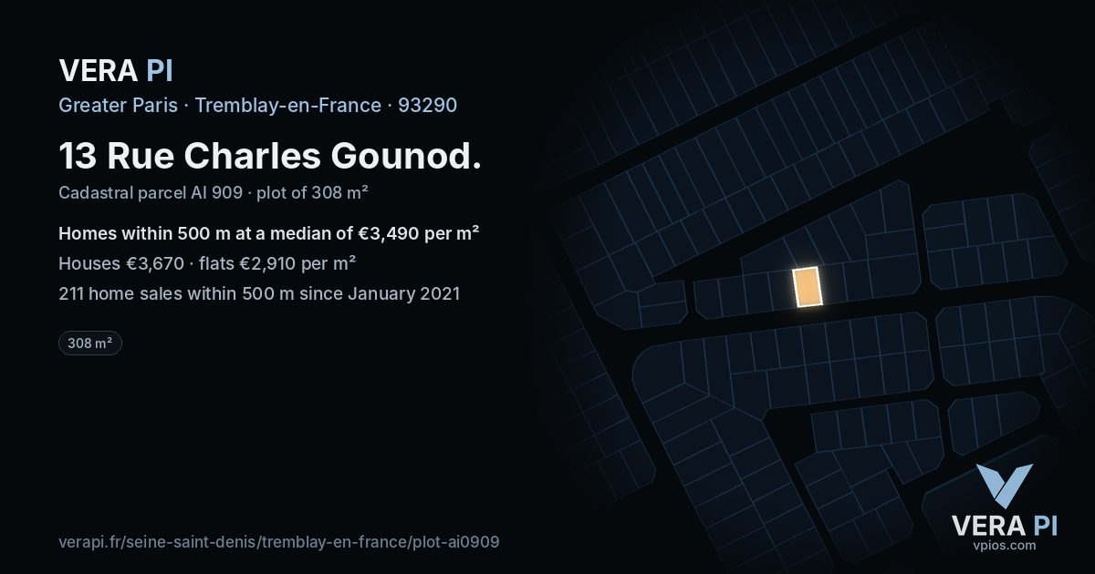 13 Rue Charles Gounod, Tremblay-en-France at night – the plot lit, the parcels around coloured by the prices near them