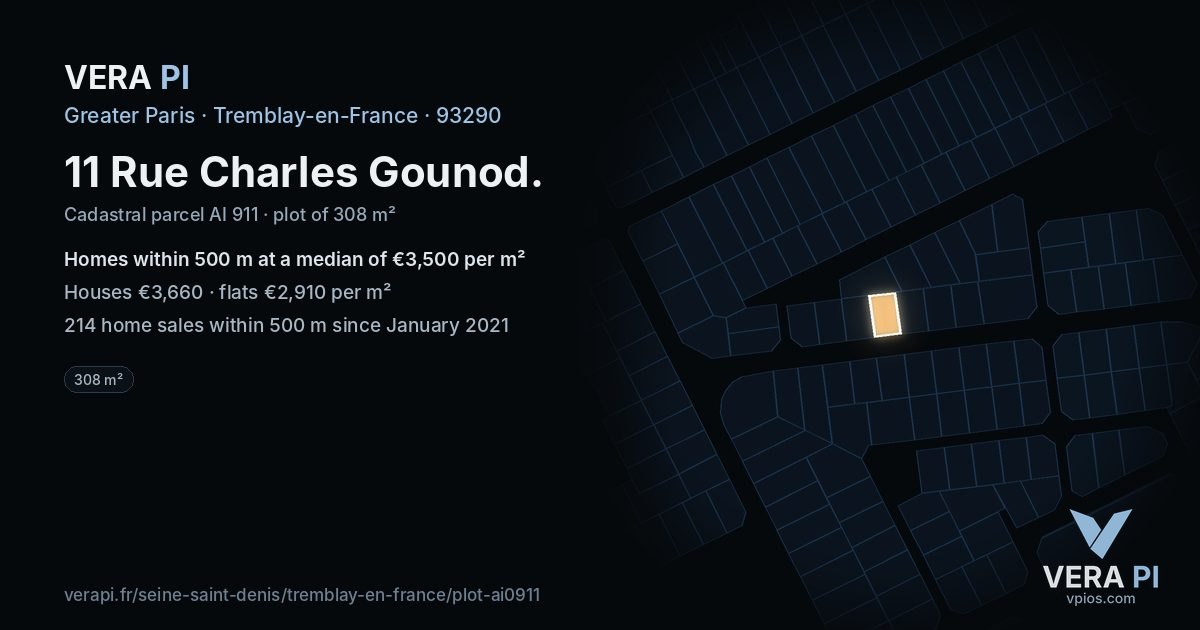11 Rue Charles Gounod, Tremblay-en-France at night – the plot lit, the parcels around coloured by the prices near them