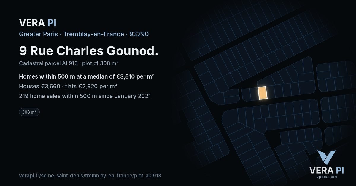 9 Rue Charles Gounod, Tremblay-en-France at night – the plot lit, the parcels around coloured by the prices near them