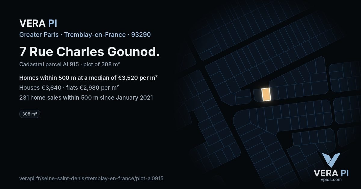 7 Rue Charles Gounod, Tremblay-en-France at night – the plot lit, the parcels around coloured by the prices near them