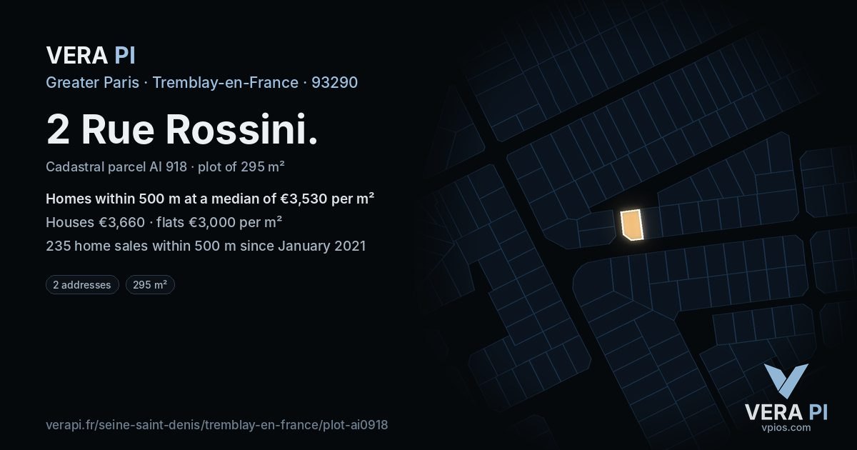 2 Rue Rossini, Tremblay-en-France at night – the plot lit, the parcels around coloured by the prices near them
