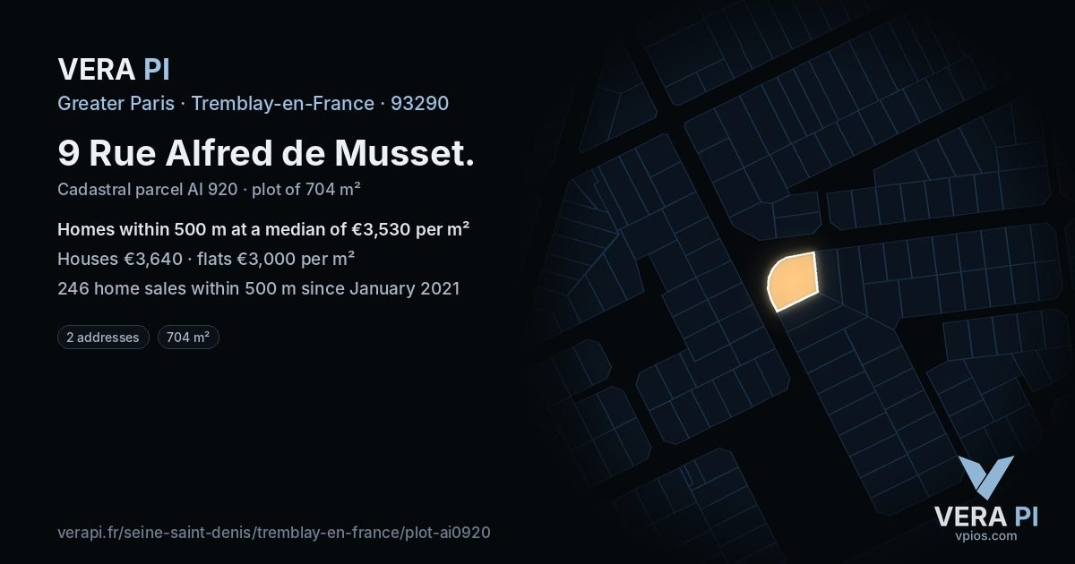 9 Rue Alfred de Musset, Tremblay-en-France at night – the plot lit, the parcels around coloured by the prices near them