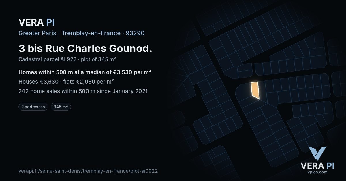 3 bis Rue Charles Gounod, Tremblay-en-France at night – the plot lit, the parcels around coloured by the prices near them