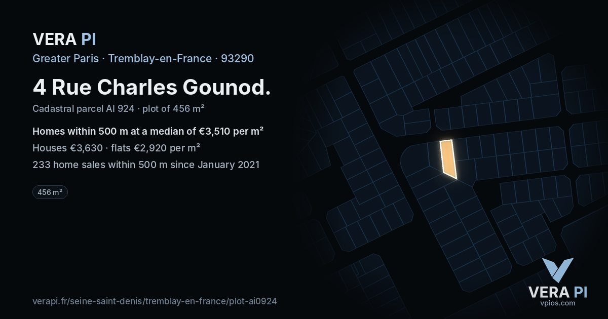 4 Rue Charles Gounod, Tremblay-en-France at night – the plot lit, the parcels around coloured by the prices near them