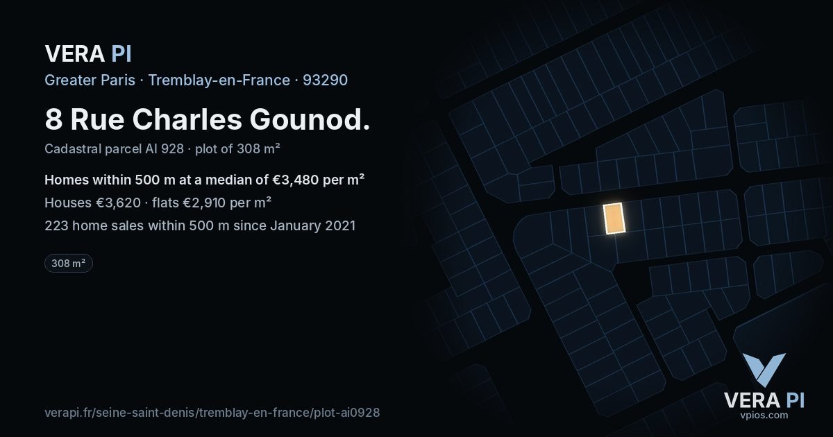 8 Rue Charles Gounod, Tremblay-en-France at night – the plot lit, the parcels around coloured by the prices near them