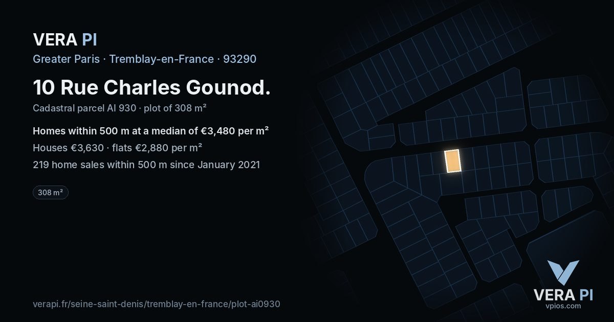 10 Rue Charles Gounod, Tremblay-en-France at night – the plot lit, the parcels around coloured by the prices near them