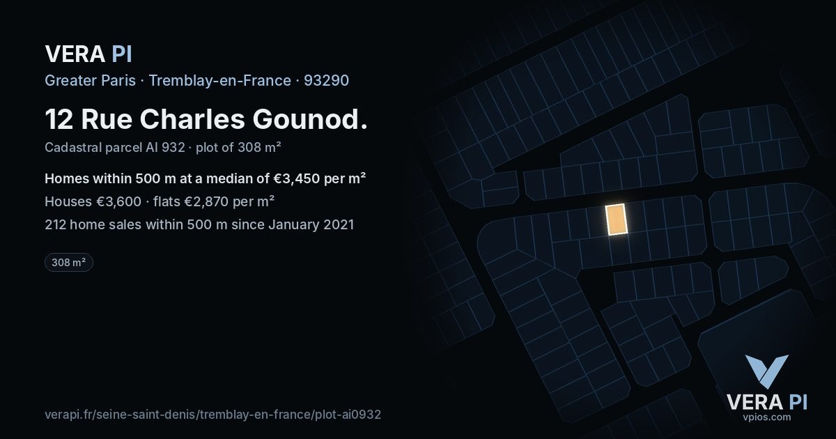 12 Rue Charles Gounod, Tremblay-en-France at night – the plot lit, the parcels around coloured by the prices near them