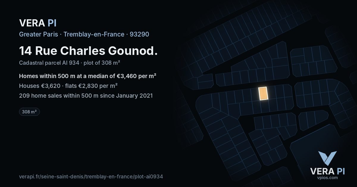 14 Rue Charles Gounod, Tremblay-en-France at night – the plot lit, the parcels around coloured by the prices near them