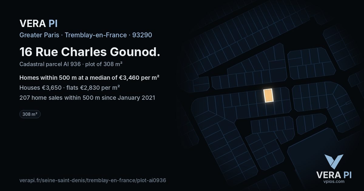 16 Rue Charles Gounod, Tremblay-en-France at night – the plot lit, the parcels around coloured by the prices near them