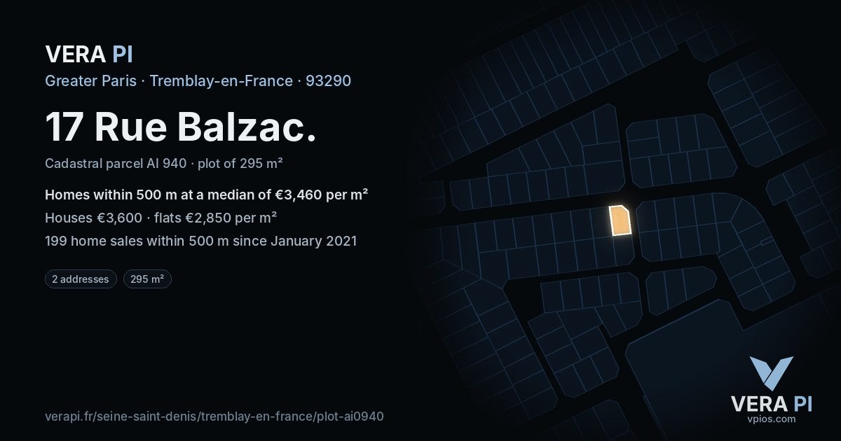 17 Rue Balzac, Tremblay-en-France at night – the plot lit, the parcels around coloured by the prices near them