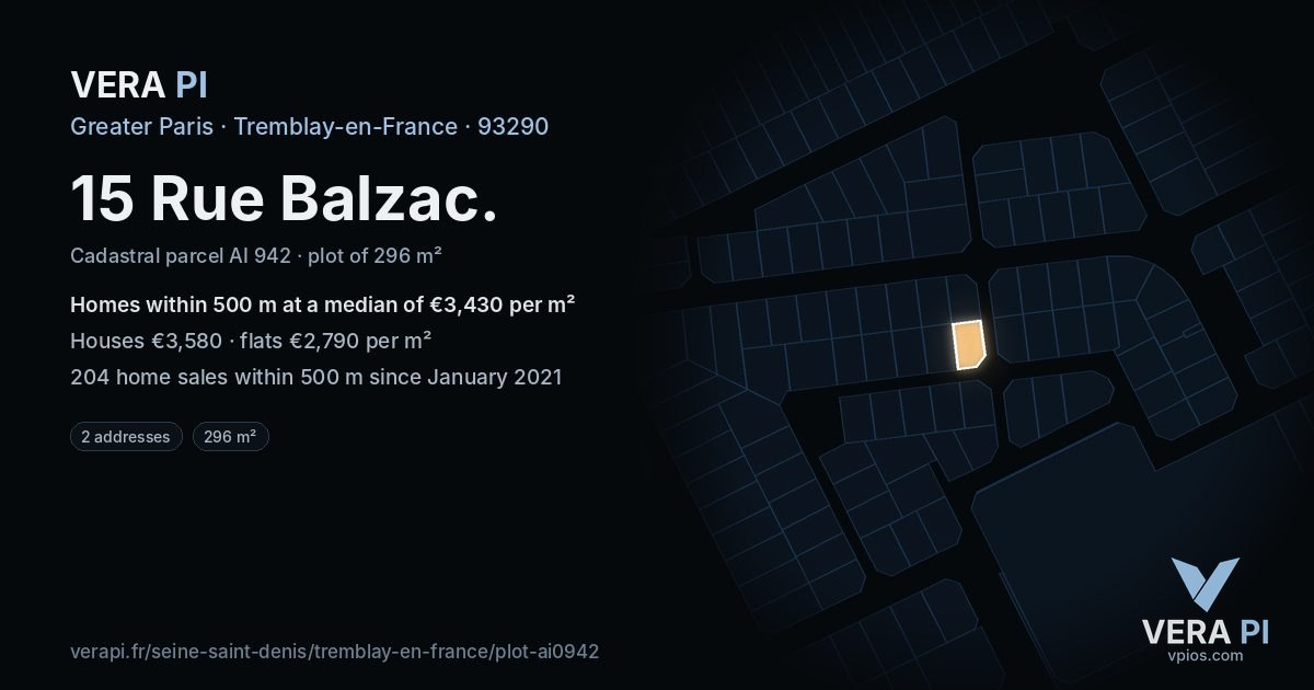 15 Rue Balzac, Tremblay-en-France at night – the plot lit, the parcels around coloured by the prices near them