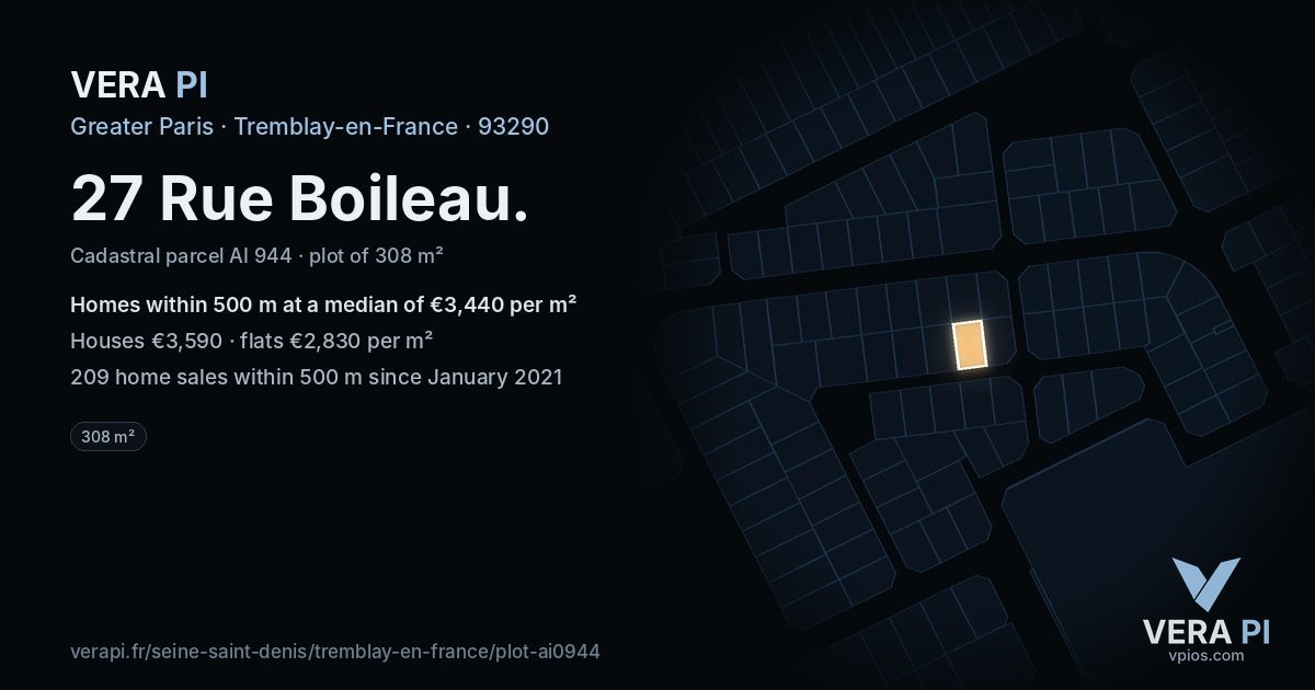 27 Rue Boileau, Tremblay-en-France at night – the plot lit, the parcels around coloured by the prices near them