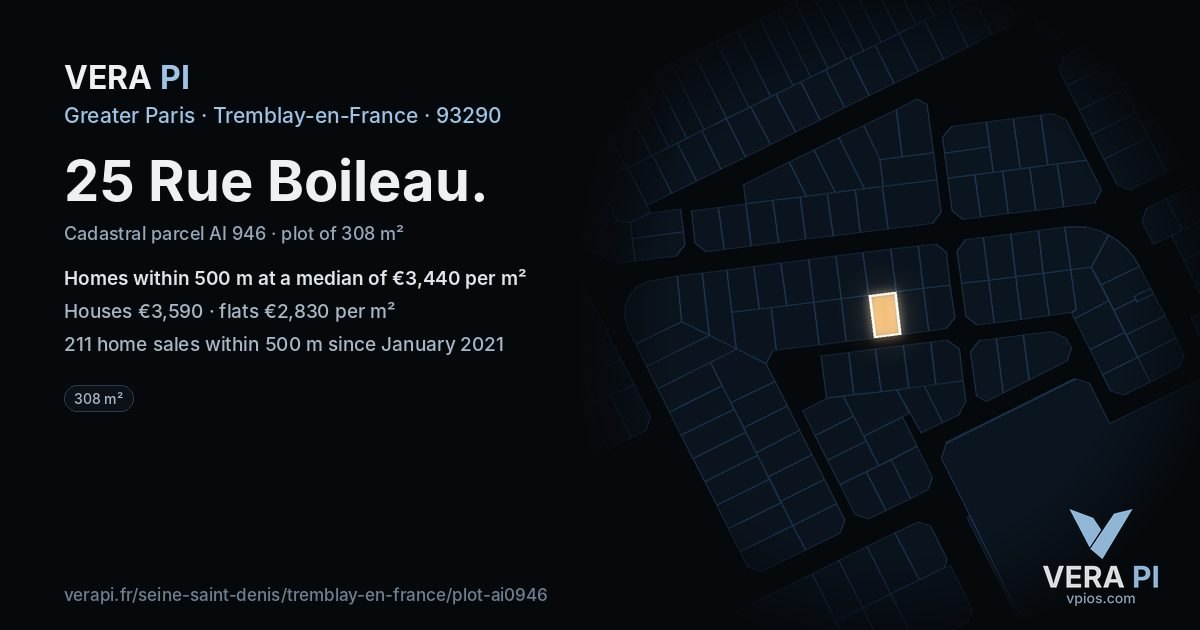 25 Rue Boileau, Tremblay-en-France at night – the plot lit, the parcels around coloured by the prices near them