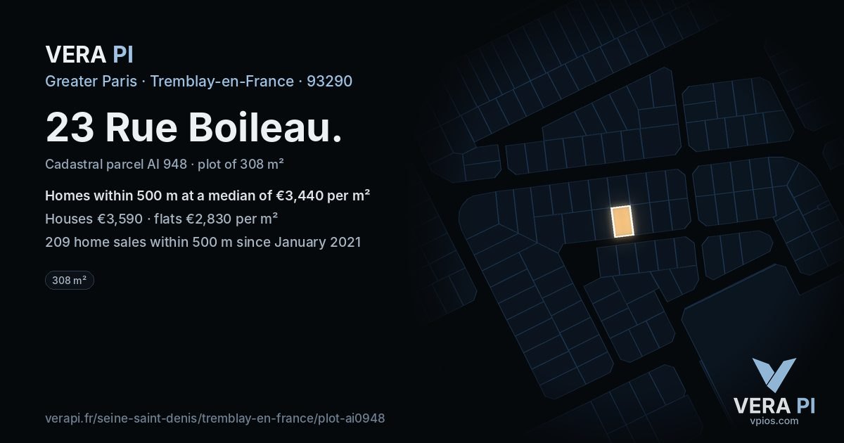 23 Rue Boileau, Tremblay-en-France at night – the plot lit, the parcels around coloured by the prices near them