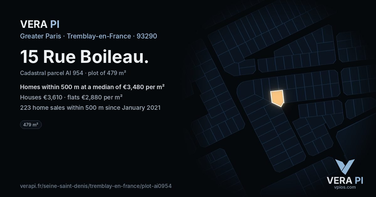 15 Rue Boileau, Tremblay-en-France at night – the plot lit, the parcels around coloured by the prices near them