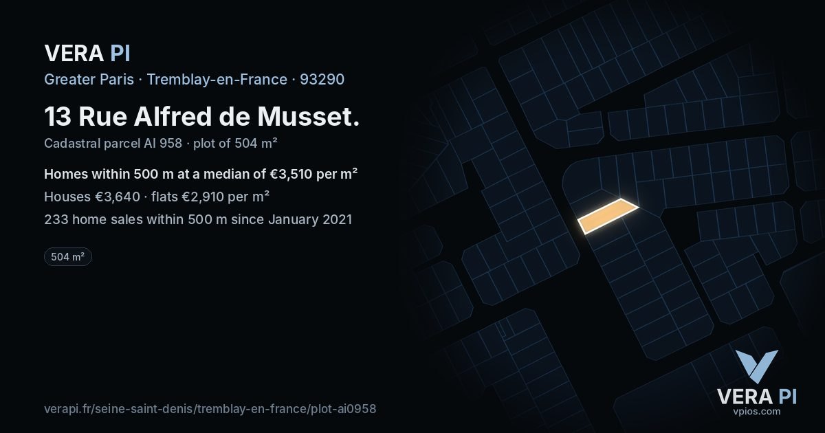 13 Rue Alfred de Musset, Tremblay-en-France at night – the plot lit, the parcels around coloured by the prices near them