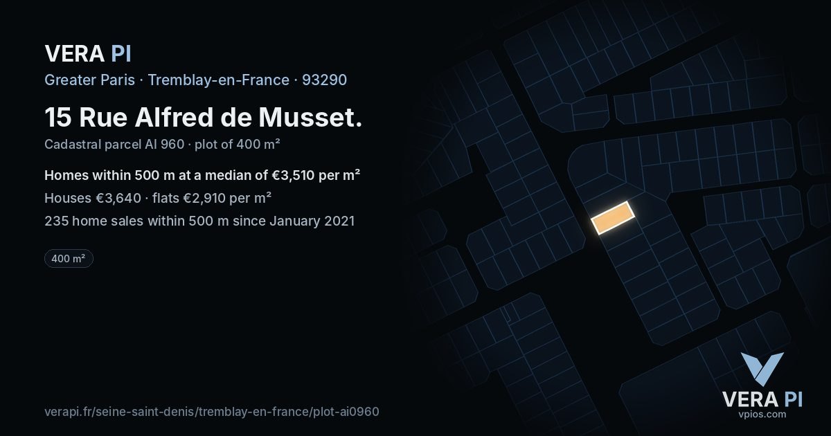 15 Rue Alfred de Musset, Tremblay-en-France at night – the plot lit, the parcels around coloured by the prices near them
