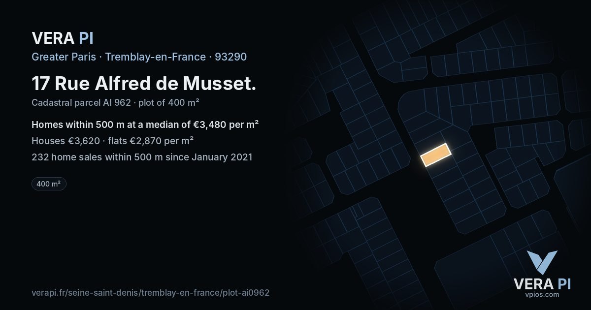 17 Rue Alfred de Musset, Tremblay-en-France at night – the plot lit, the parcels around coloured by the prices near them