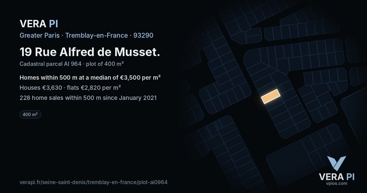 19 Rue Alfred de Musset, Tremblay-en-France at night – the plot lit, the parcels around coloured by the prices near them