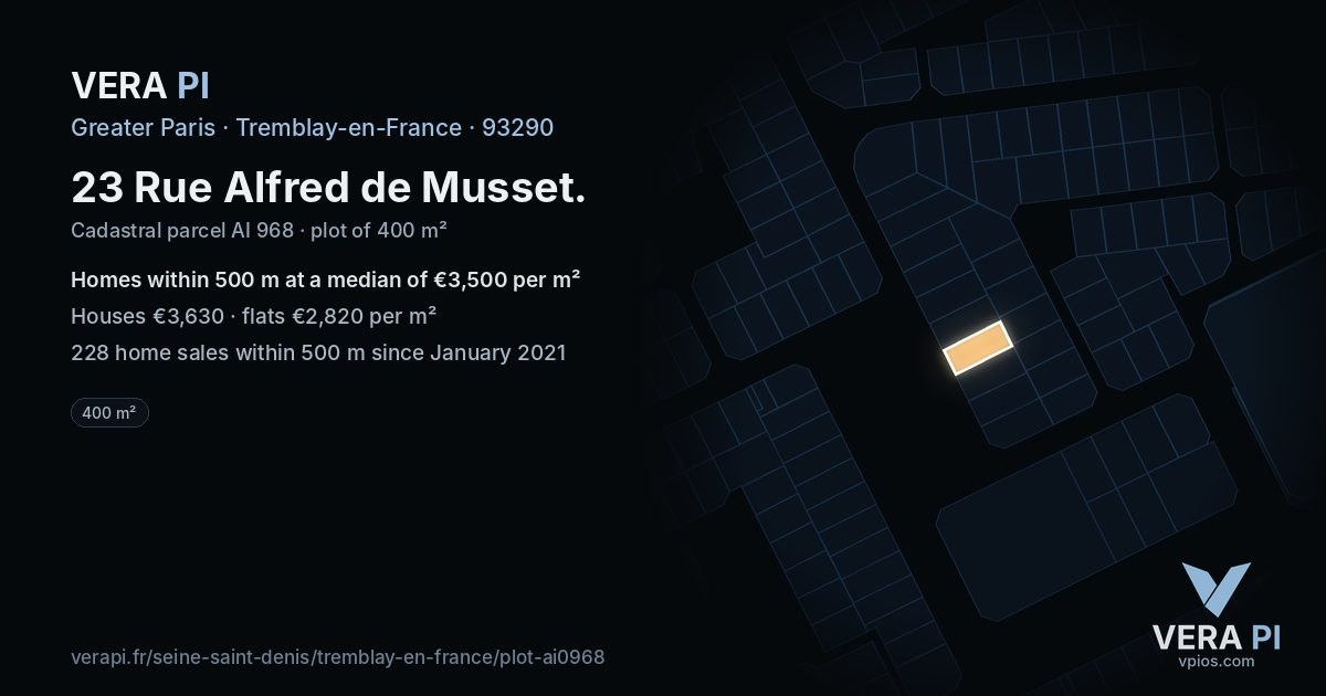 23 Rue Alfred de Musset, Tremblay-en-France at night – the plot lit, the parcels around coloured by the prices near them