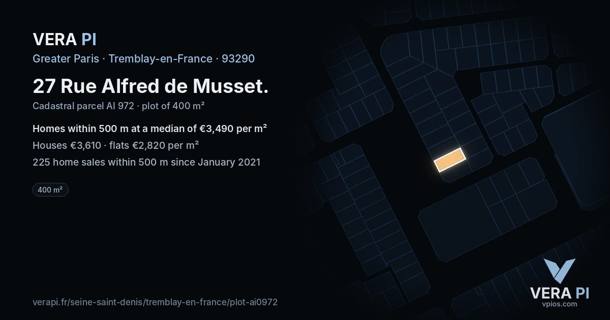 27 Rue Alfred de Musset, Tremblay-en-France at night – the plot lit, the parcels around coloured by the prices near them