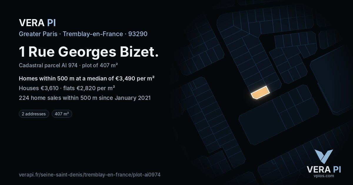 1 Rue Georges Bizet, Tremblay-en-France at night – the plot lit, the parcels around coloured by the prices near them