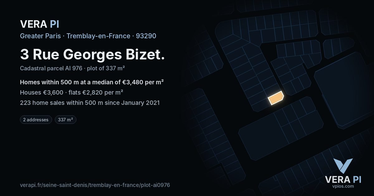 3 Rue Georges Bizet, Tremblay-en-France at night – the plot lit, the parcels around coloured by the prices near them