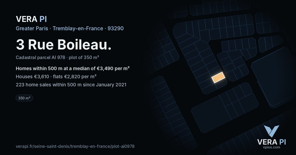3 Rue Boileau, Tremblay-en-France at night – the plot lit, the parcels around coloured by the prices near them