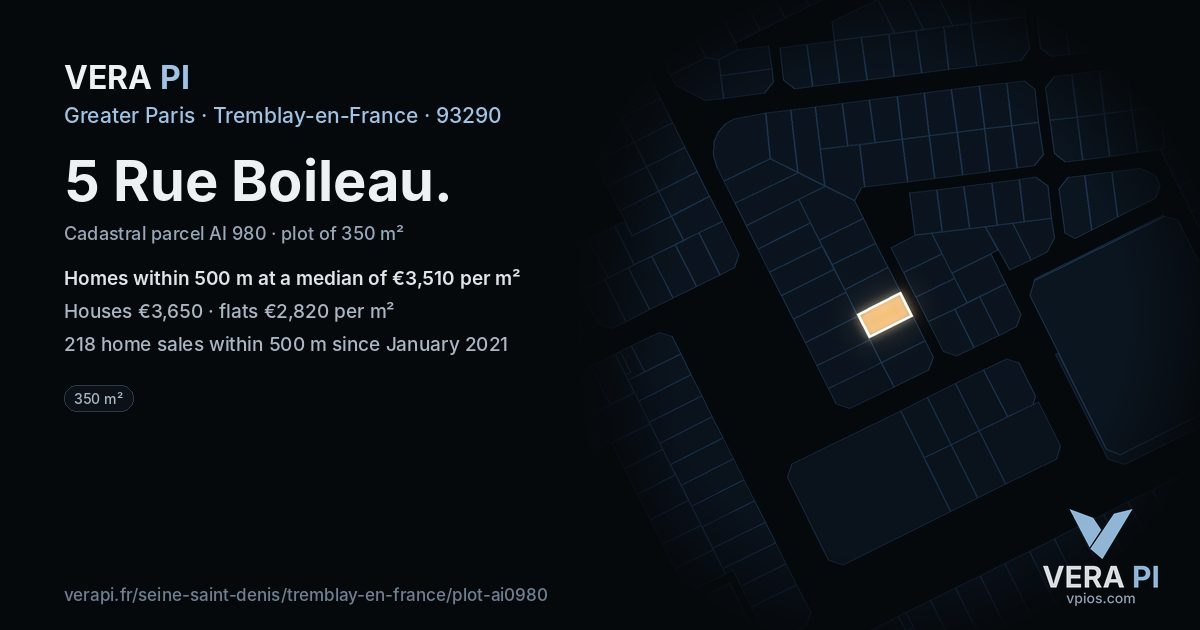 5 Rue Boileau, Tremblay-en-France at night – the plot lit, the parcels around coloured by the prices near them