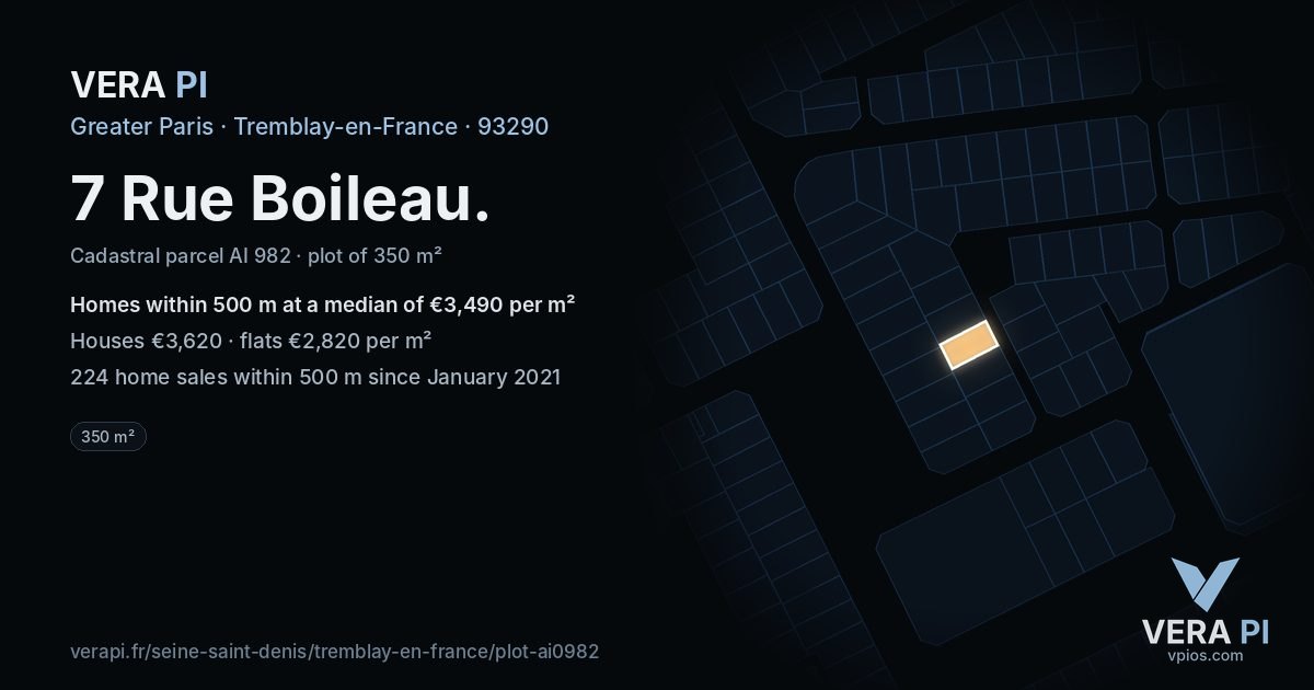 7 Rue Boileau, Tremblay-en-France at night – the plot lit, the parcels around coloured by the prices near them
