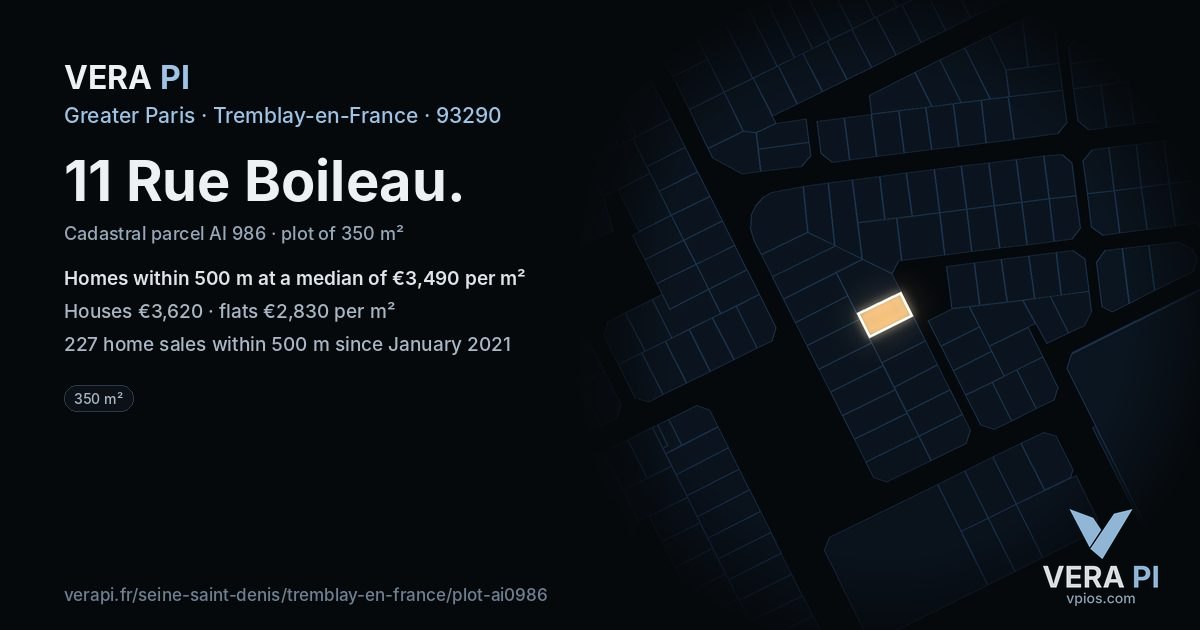11 Rue Boileau, Tremblay-en-France at night – the plot lit, the parcels around coloured by the prices near them