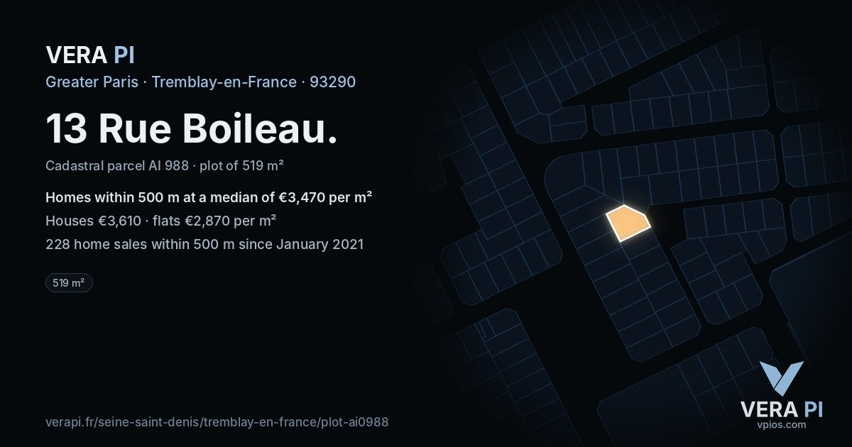 13 Rue Boileau, Tremblay-en-France at night – the plot lit, the parcels around coloured by the prices near them
