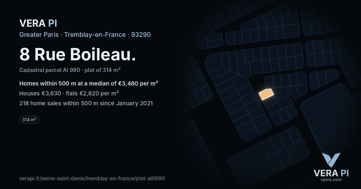 8 Rue Boileau, Tremblay-en-France at night – the plot lit, the parcels around coloured by the prices near them