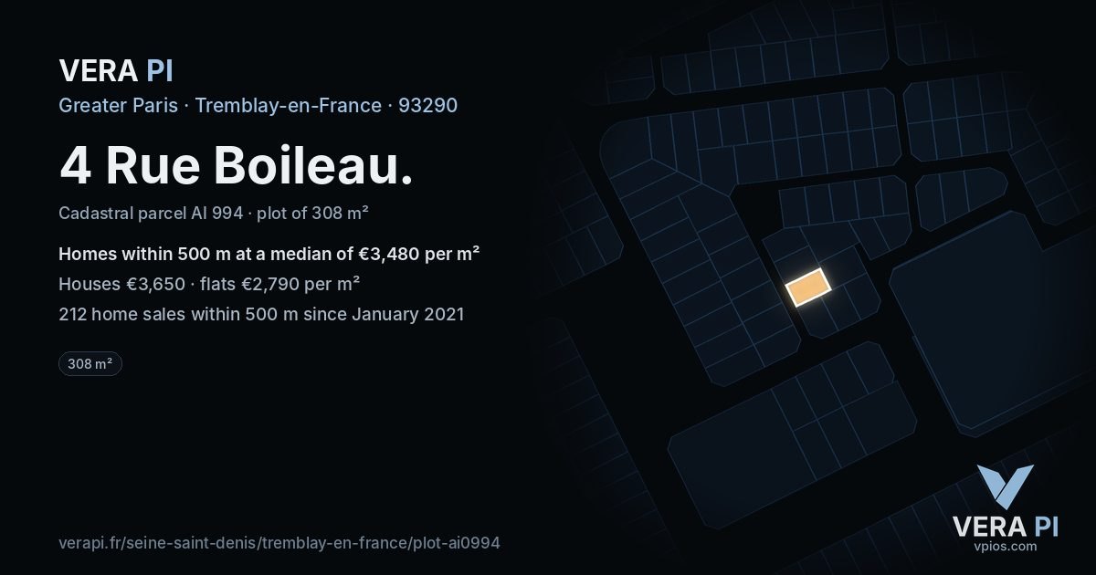 4 Rue Boileau, Tremblay-en-France at night – the plot lit, the parcels around coloured by the prices near them