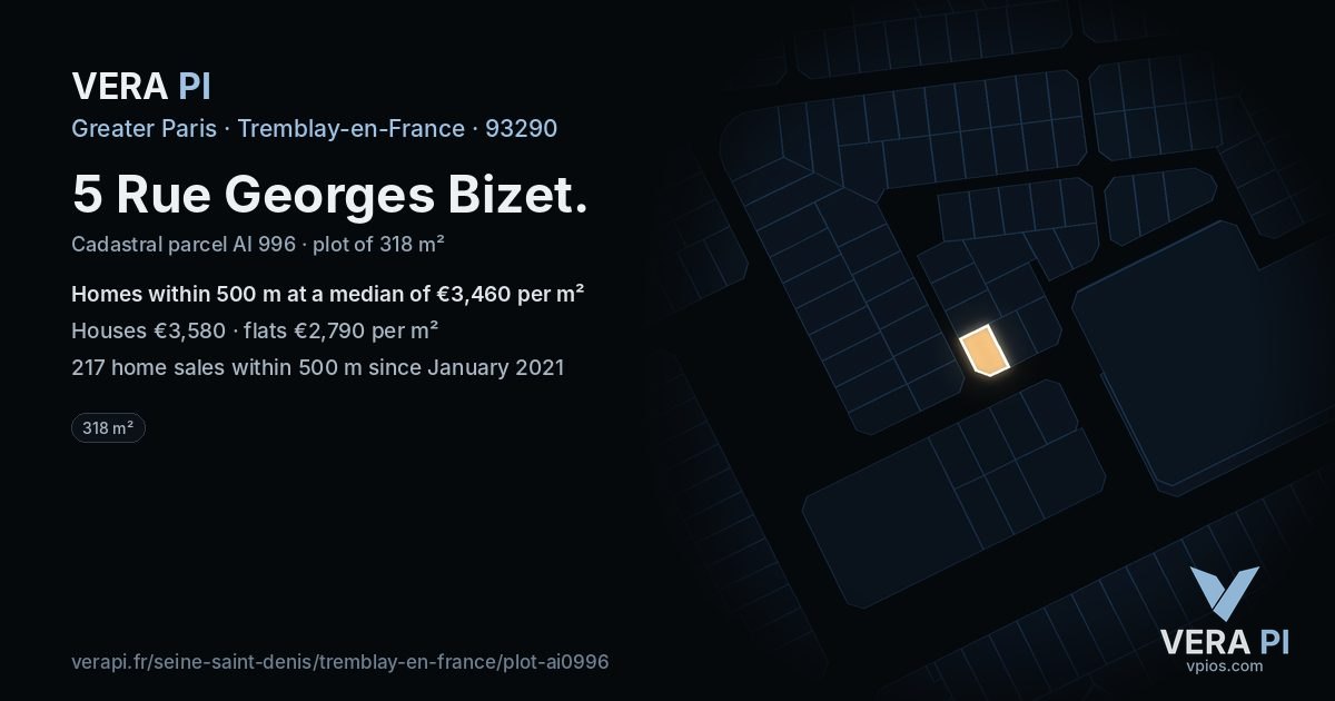 5 Rue Georges Bizet, Tremblay-en-France at night – the plot lit, the parcels around coloured by the prices near them
