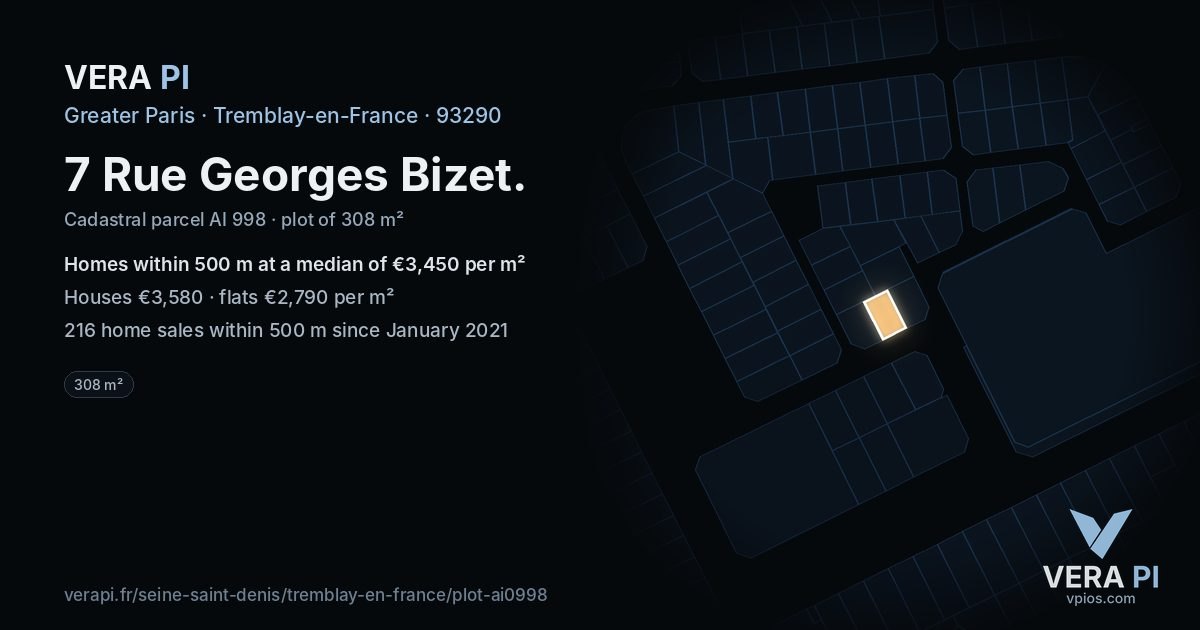 7 Rue Georges Bizet, Tremblay-en-France at night – the plot lit, the parcels around coloured by the prices near them