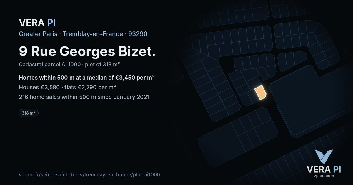 9 Rue Georges Bizet, Tremblay-en-France at night – the plot lit, the parcels around coloured by the prices near them