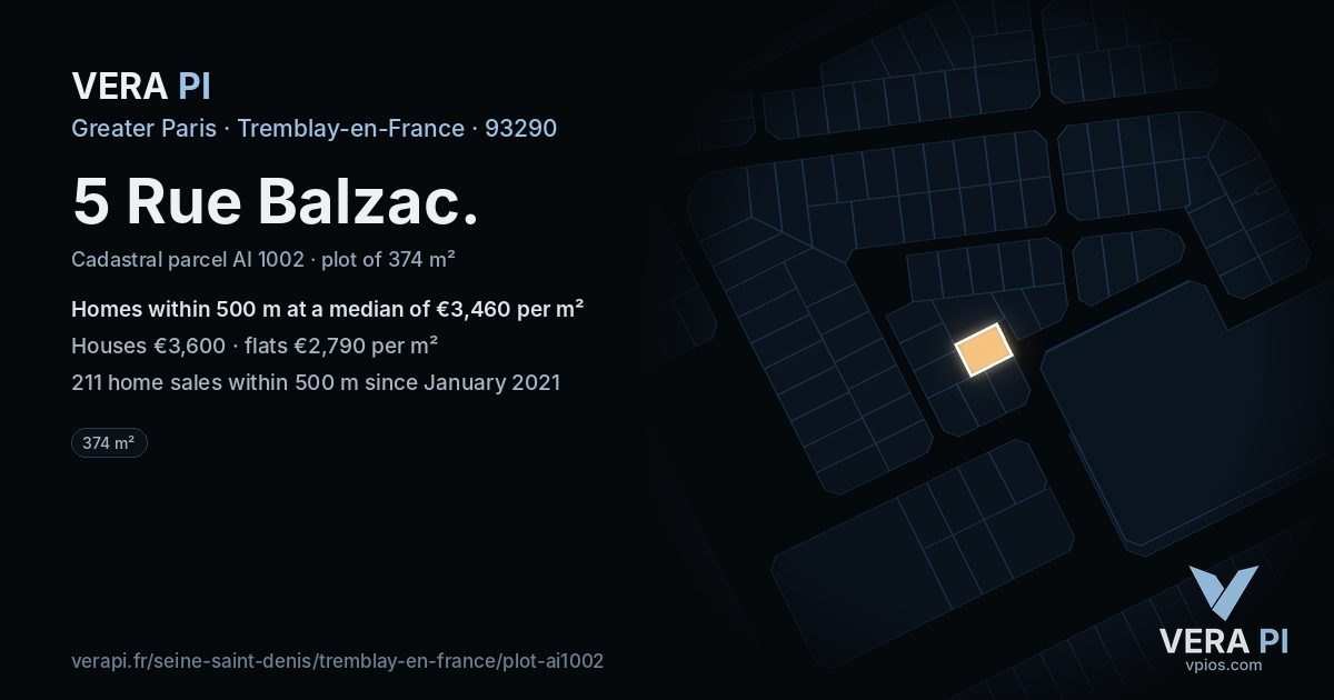 5 Rue Balzac, Tremblay-en-France at night – the plot lit, the parcels around coloured by the prices near them