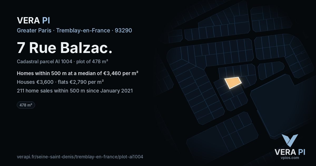 7 Rue Balzac, Tremblay-en-France at night – the plot lit, the parcels around coloured by the prices near them