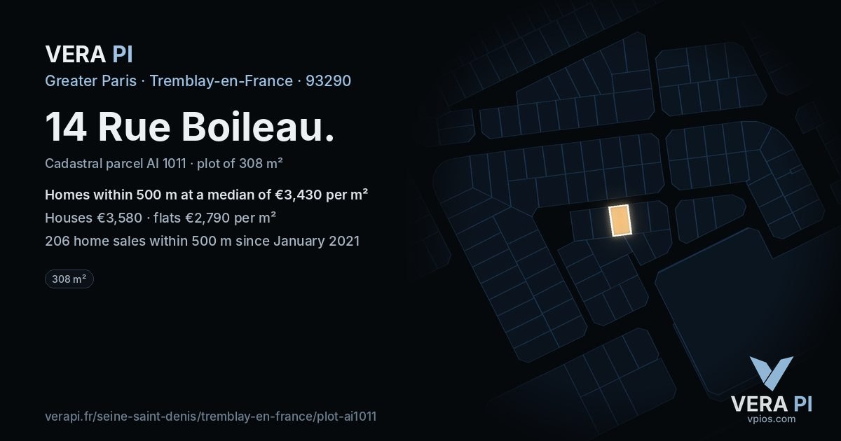 14 Rue Boileau, Tremblay-en-France at night – the plot lit, the parcels around coloured by the prices near them