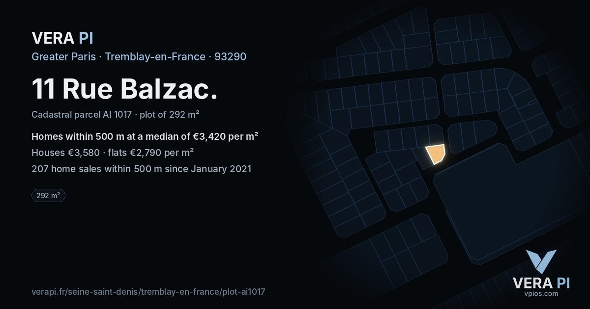 11 Rue Balzac, Tremblay-en-France at night – the plot lit, the parcels around coloured by the prices near them