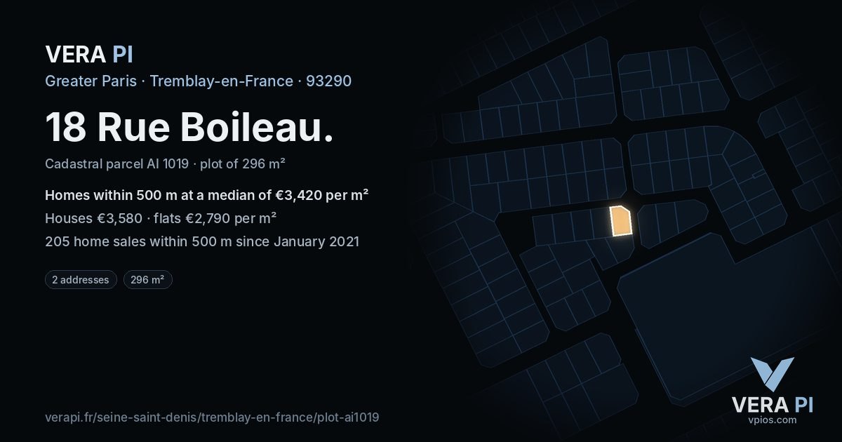 18 Rue Boileau, Tremblay-en-France at night – the plot lit, the parcels around coloured by the prices near them