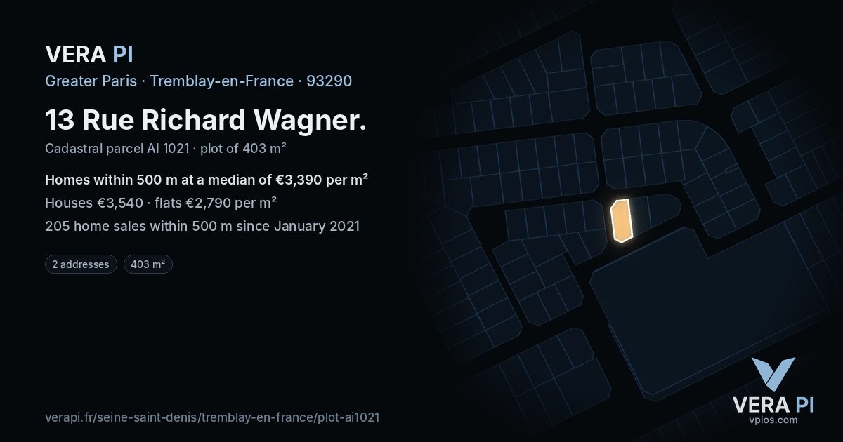 13 Rue Richard Wagner, Tremblay-en-France at night – the plot lit, the parcels around coloured by the prices near them