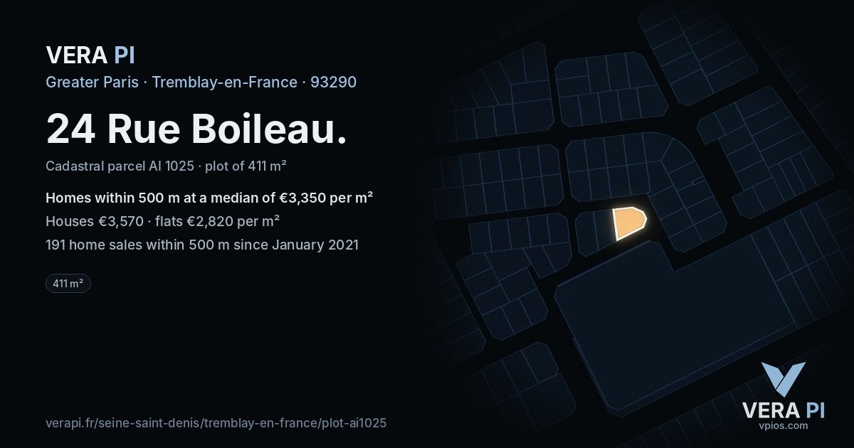 24 Rue Boileau, Tremblay-en-France at night – the plot lit, the parcels around coloured by the prices near them